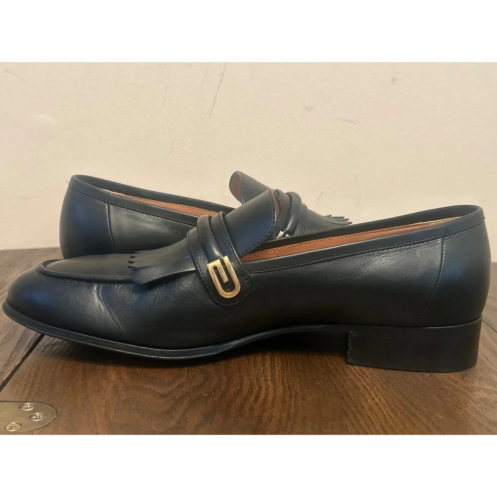 GUCCI 714680 Mirrored G Gold Kiltie Loafers Black Leather‎ Men's 7.5